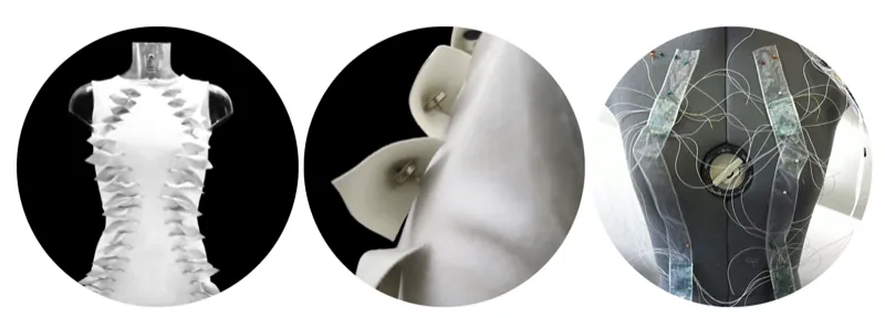 Three views of the flutter garment: a white dress on a mannequin covered in rows of soft fabric scales, a close-up of two scales lifting away from the surface, and the shape-memory alloy wiring that drives them.