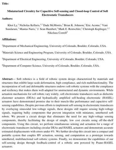 First page of the paper “Miniaturized Circuitry for Capacitive Self-Sensing and Closed-Loop Control of Soft Electrostatic Transducers”